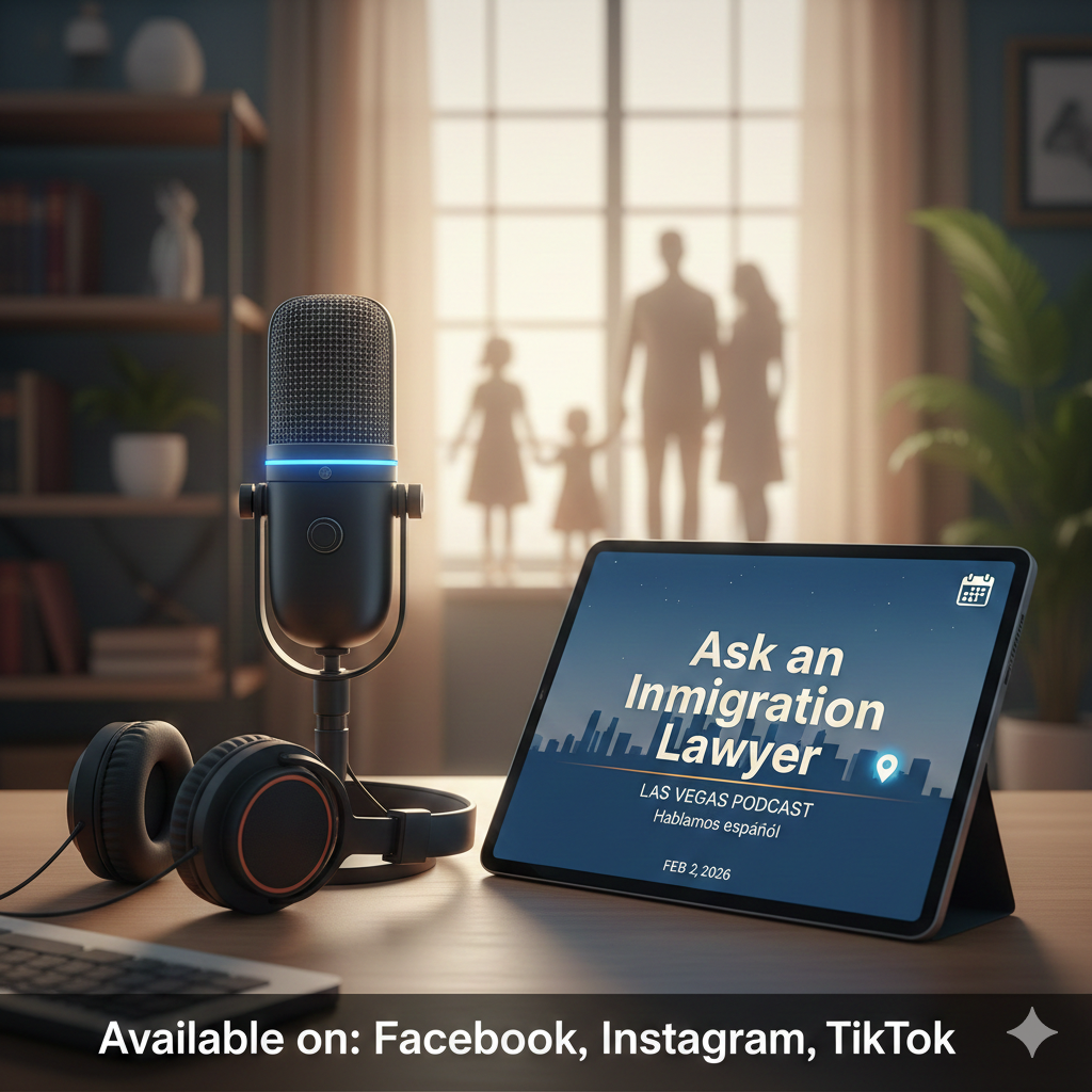 A professional podcast setup for the 'Ask an Immigration Lawyer' series in Las Vegas, featuring a microphone and a tablet promoting an upcoming February 2, 2026 session for Spanish-speaking families.