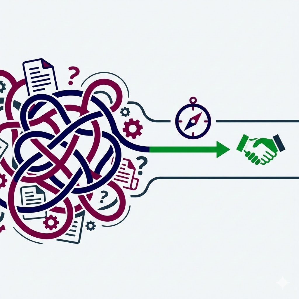 Gráfico de tres pasos para el proceso de inmigración: reunir documentos, revisión guiada y evitar errores.