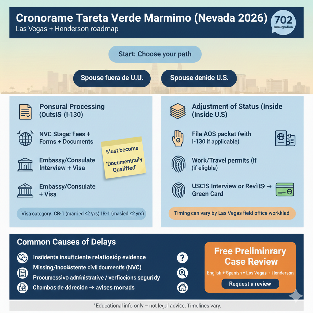 Un mapa educativo del cronograma de la green card por matrimonio en Nevada, con las causas más comunes de retrasos y la opción de una revisión gratuita de tu caso en Henderson.