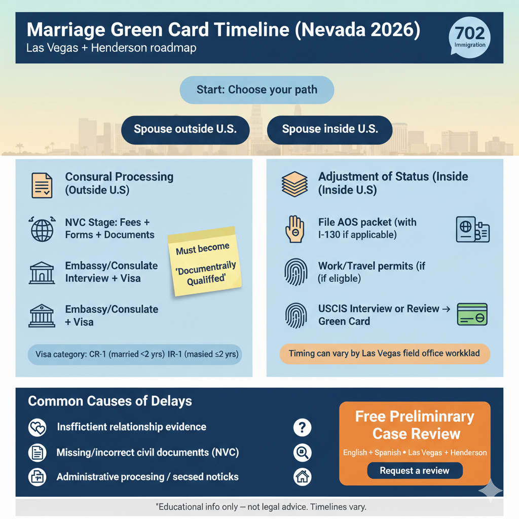 A detailed infographic showing the marriage green card timeline and roadmap for Las Vegas and Henderson residents, comparing consular processing and adjustment of status.