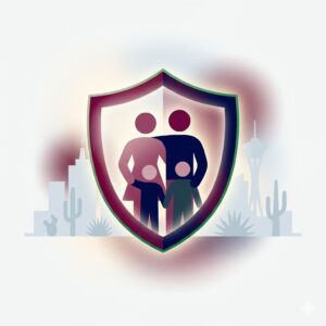 Silueta de familia inmigrante dentro de un escudo protector con el horizonte de Las Vegas de fondo.