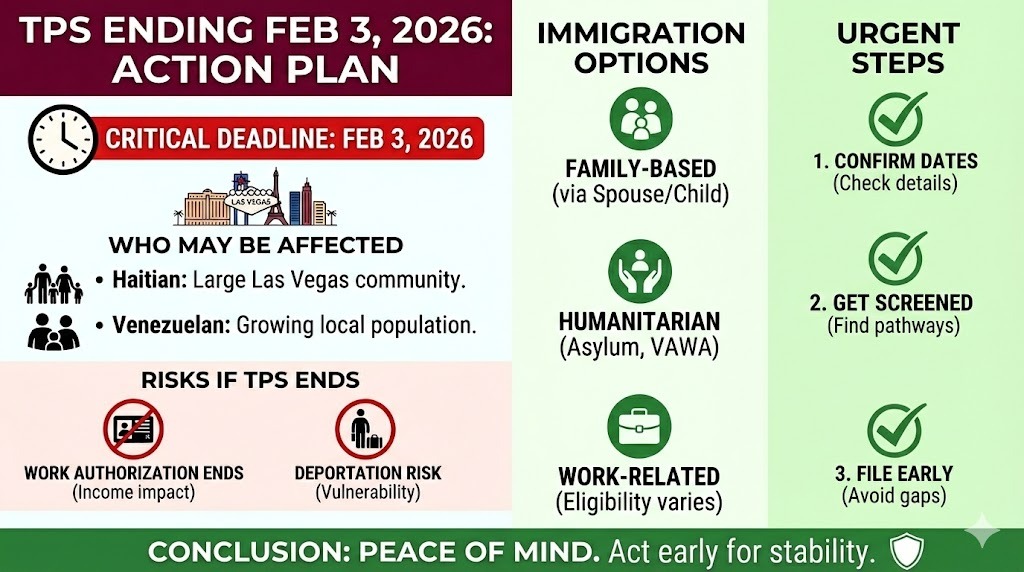 An informative infographic by a TPS lawyer in Las Vegas detailing an action plan for Haitian and Venezuelan residents facing the February 3, 2026 deadline, including humanitarian and family-based legal options.