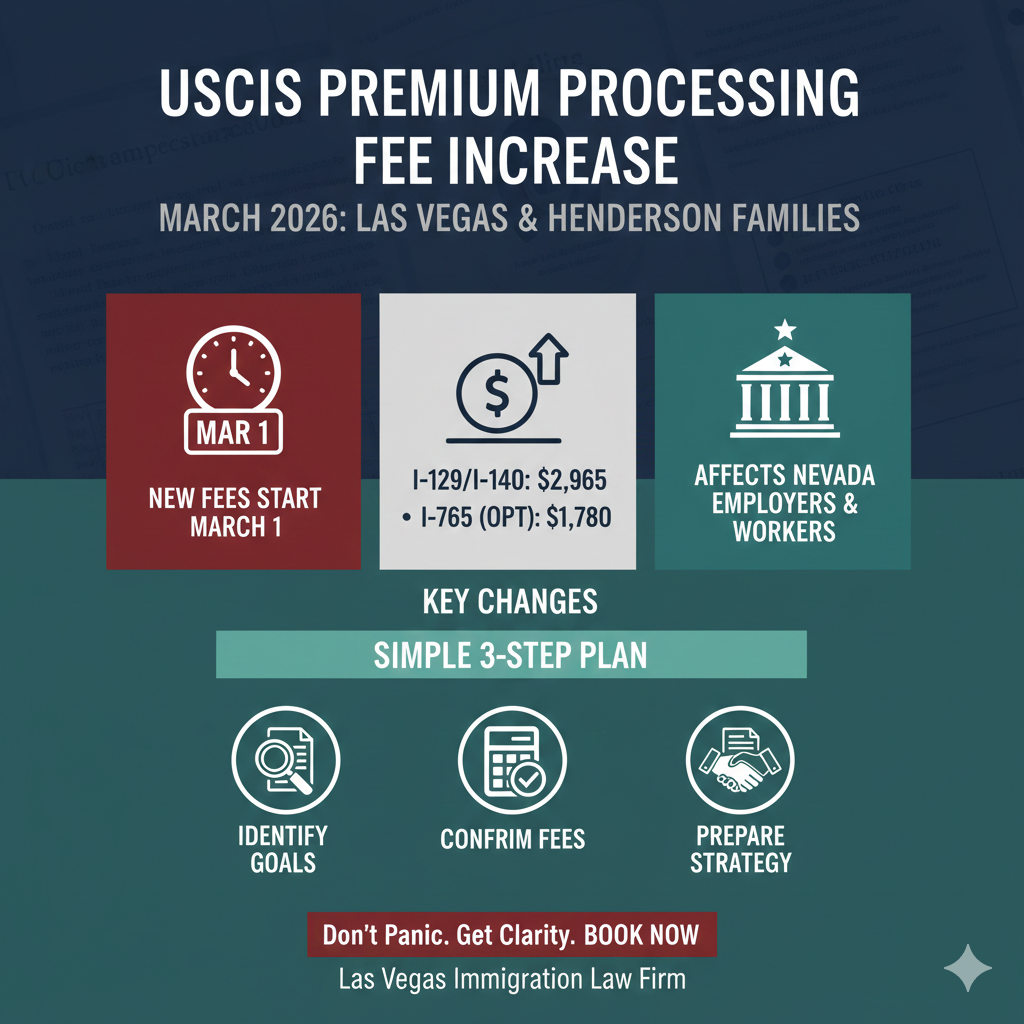 An infographic detailing the March 2026 USCIS premium processing fee increases for I-129, I-140, and I-765 forms affecting families and employers in Las Vegas and Henderson.