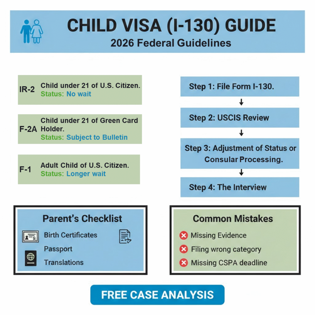 A 2026 Federal Guidelines guide for child visas (I-130) outlining IR-2, F-2A, and F-1 categories, the 4-step application process, and a document checklist for parents in the U.S..