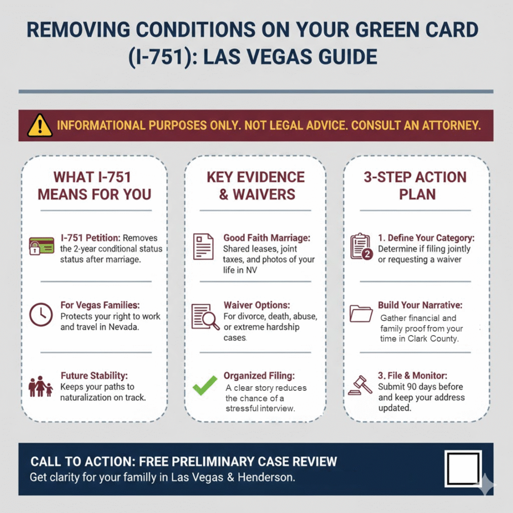 An infographic guide explaining the I-751 petition process for removing green card conditions for residents in Las Vegas and Henderson.