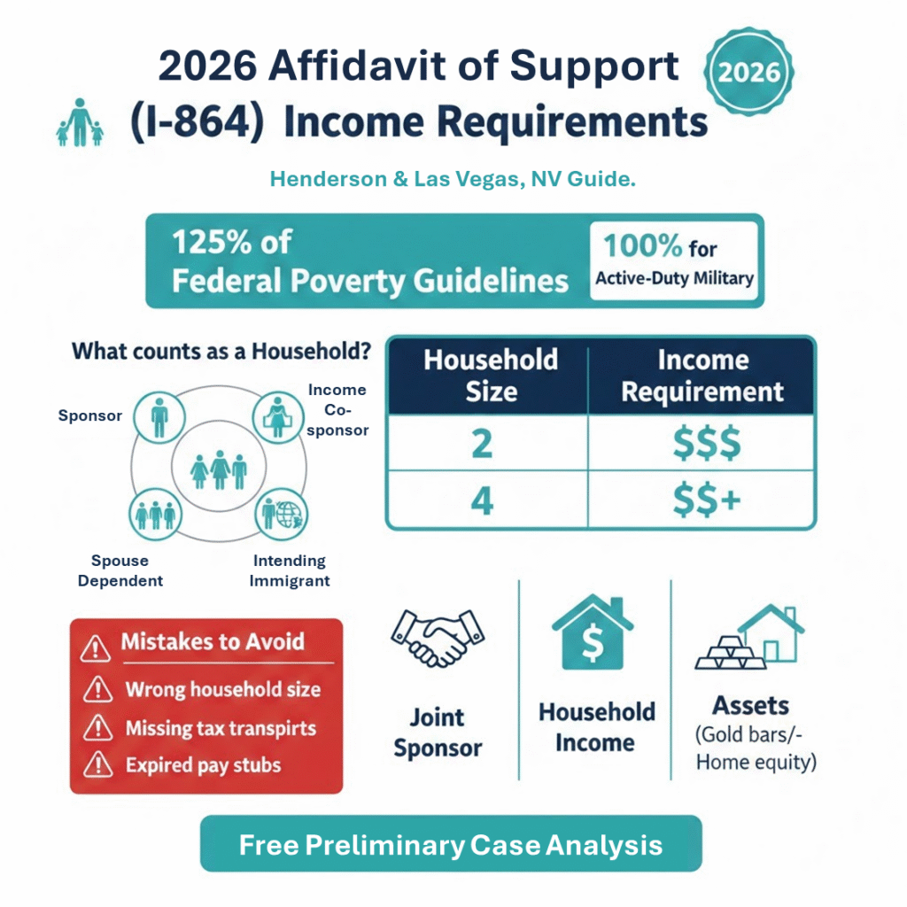 An infographic detailing the 2026 I-864 Affidavit of Support income requirements for 125% of Federal Poverty Guidelines, specifically designed for immigration clients in Henderson and Las Vegas.