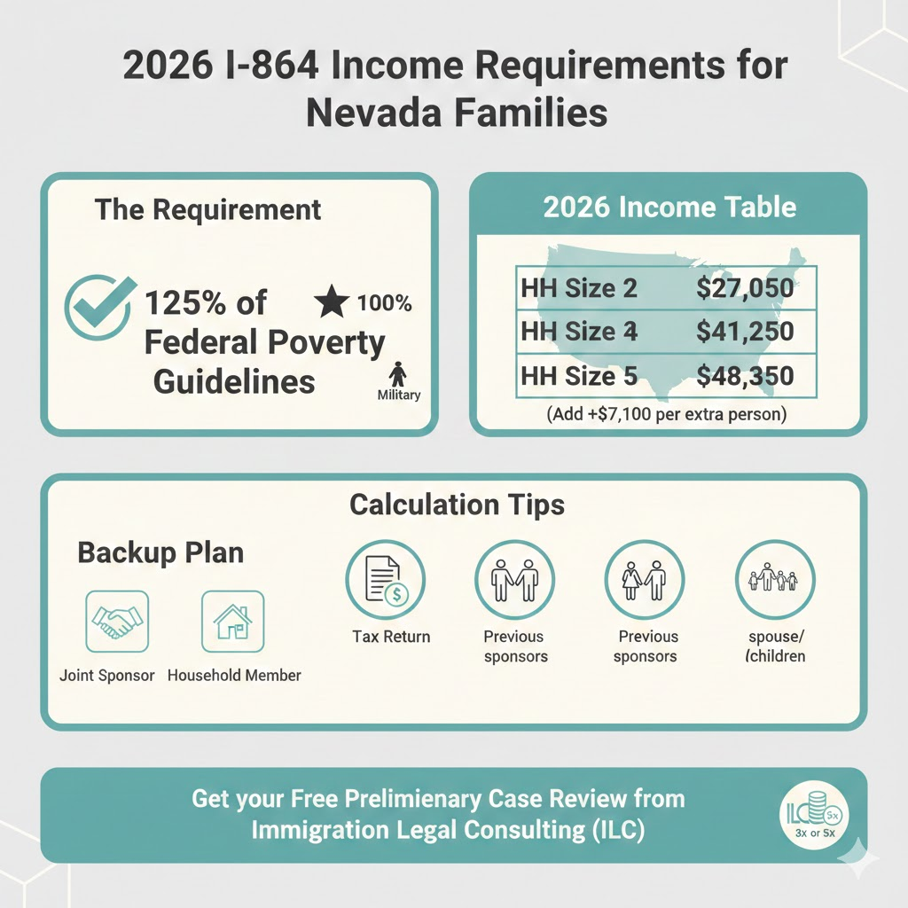 An infographic by Immigration Legal Consulting (ILC) detailing the 2026 I-864 income requirements for sponsors in Las Vegas, showing the 125% Federal Poverty Guidelines and backup options like joint sponsors.