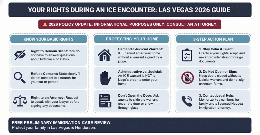 An informative guide detailing your legal rights during an ICE encounter in Las Vegas, including the right to remain silent and the requirement of a judicial warrant.
