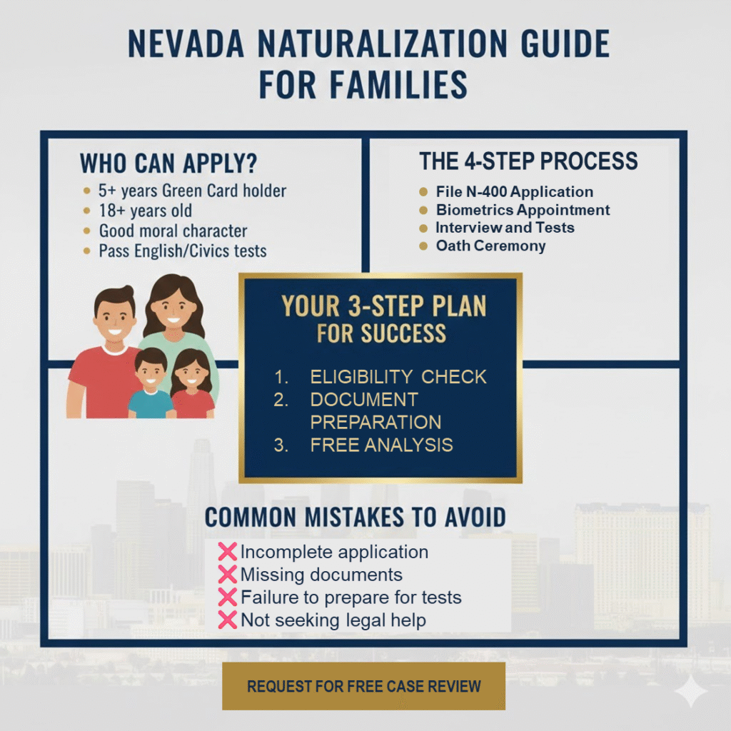 An informative Nevada naturalization guide for families outlining the eligibility requirements and the 4-step process for obtaining citizenship in Las Vegas.