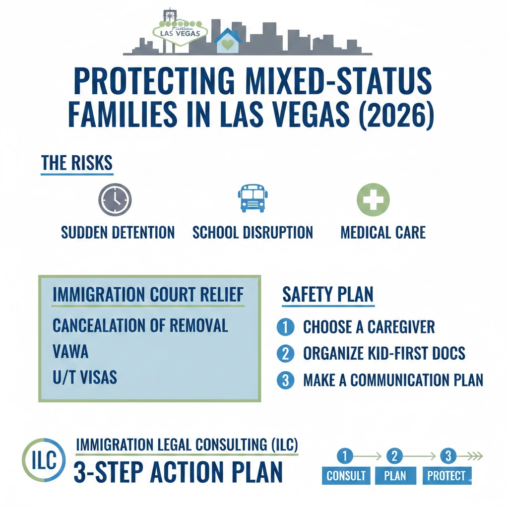 An infographic for mixed-status families in Las Vegas outlining a 2026 safety plan to address risks like detention and school disruption, featuring immigration court relief options like cancellation of removal and VAWA.