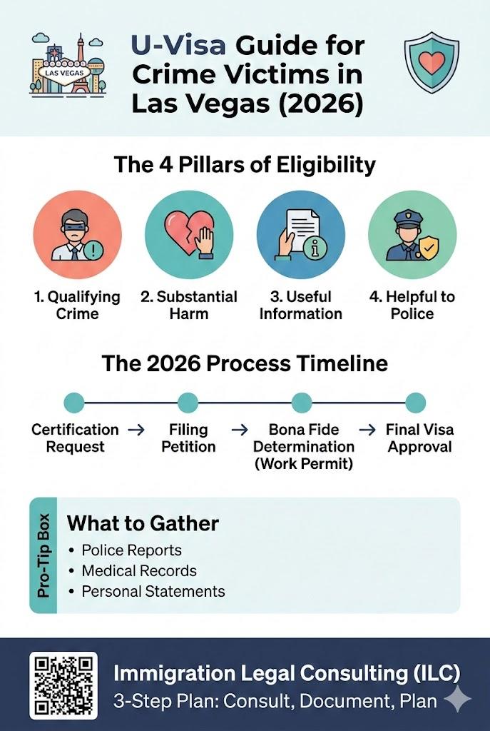 An infographic guide for crime victims in Las Vegas on U-Visa eligibility in 2026, detailing the four pillars of eligibility, the application process timeline from certification to final approval, and a checklist of required documents like police reports.