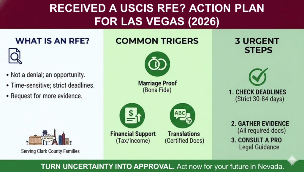 An infographic detailing a three-step action plan for responding to a USCIS RFE for families in Las Vegas, including common triggers like marriage proof and financial support.