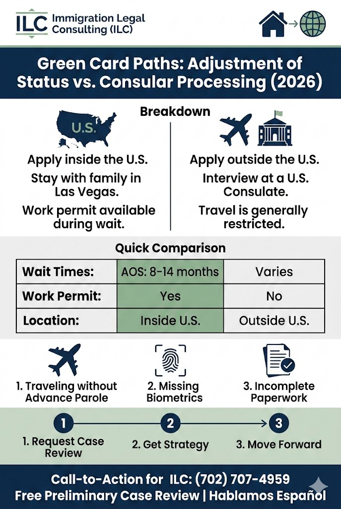 A 2026 comparison guide for Las Vegas families between Adjustment of Status (AOS) and Consular Processing, detailing wait times, work permit availability, and common risks like traveling without Advance Parole.