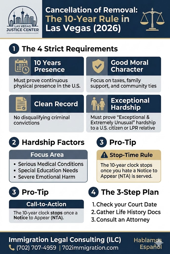 An infographic explaining the 4 strict requirements for Cancellation of Removal in Las Vegas (2026), including 10 years of physical presence, good moral character, a clean record, and exceptional hardship to a U.S. citizen or LPR relative.