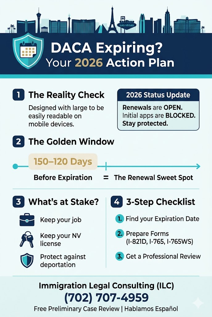 An infographic for Las Vegas Dreamers outlining a 2026 DACA action plan, stating that renewals are open while initial applications are blocked, and highlighting the 150-120 day renewal sweet spot to protect Nevada driver's licenses and work authorization.