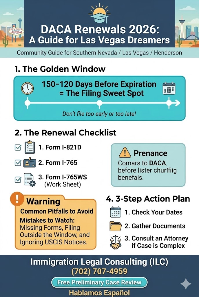 A 2026 DACA renewal guide for Las Vegas and Henderson Dreamers, highlighting the 120-to-150-day filing window, a 3-form checklist including I-821D and I-765, and an action plan to avoid common pitfalls like missing the filing window.