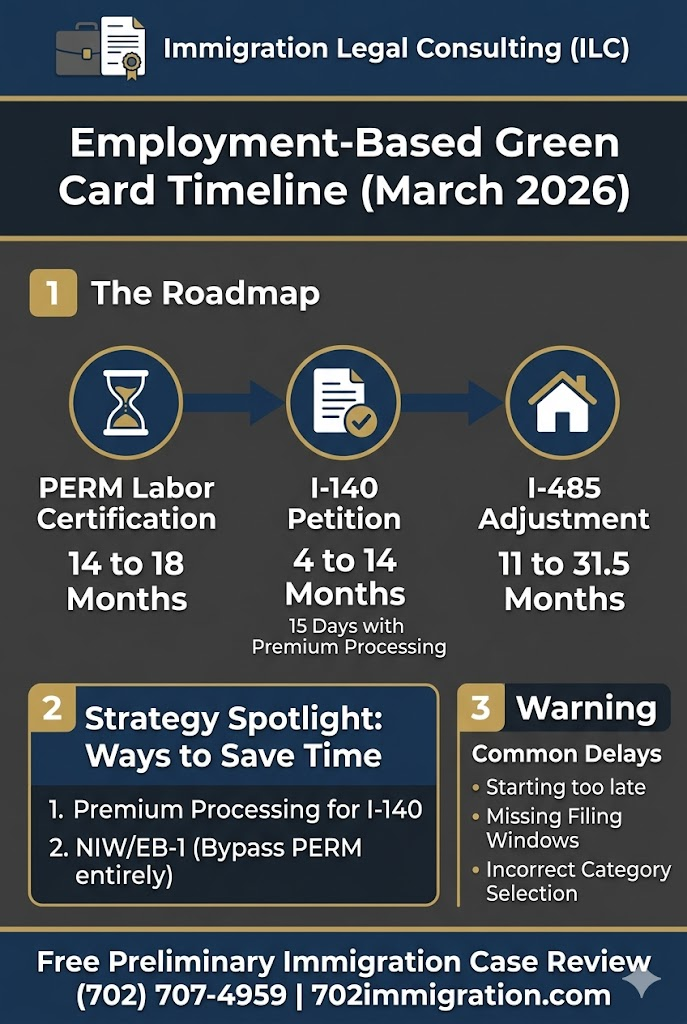 An infographic detailing the March 2026 roadmap for employment-based green cards, showing estimated wait times for PERM Labor Certification (14-18 months), I-140 petitions (4-14 months), and I-485 adjustments (11-31.5 months).