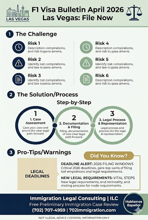 An infographic for Las Vegas residents on the April 2026 F1 Visa Bulletin update, outlining a 3-step process from case assessment to legal representation and providing critical alerts on 2026 filing windows and new legal requirements.