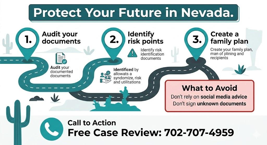 An infographic outlining a three-step action plan for Nevada families to protect their future, including auditing documents, identifying risk points, and creating a family plan to avoid common immigration mistakes.