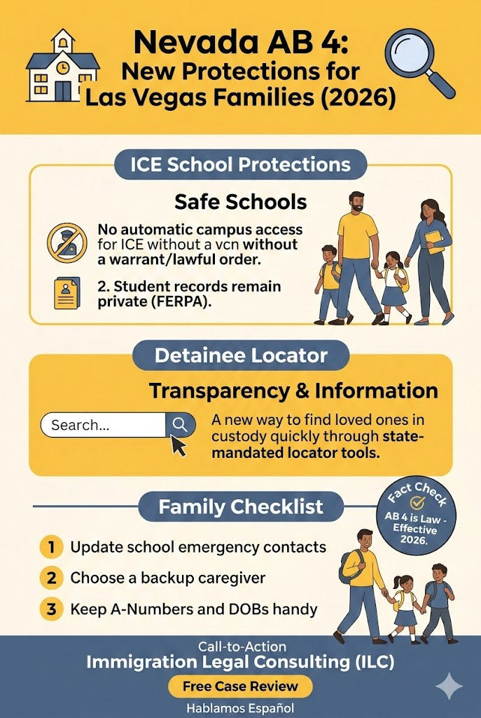 An infographic explaining the 2026 Nevada AB 4 law protections for Las Vegas families, including ICE school access restrictions, student record privacy under FERPA, and a family safety checklist for update school emergency contacts.