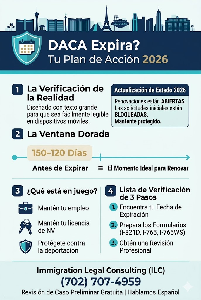 Una infografía en español para Dreamers en Las Vegas titulada "Plan de Acción 2026", que explica que las renovaciones de DACA están abiertas, destaca la ventana ideal de 150 a 120 días para renovar y enfatiza la importancia de proteger la licencia de conducir de NV.