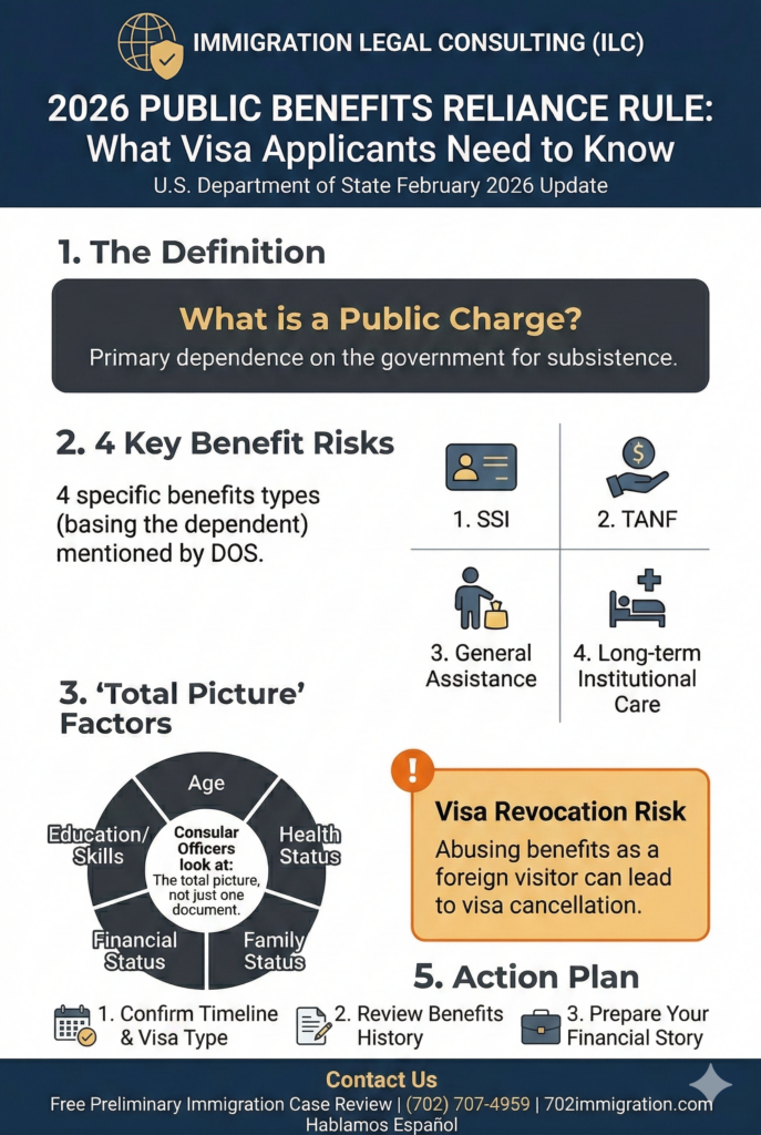 An infographic guide for Las Vegas visa applicants explaining the 2026 Public Benefits Reliance Rule, defining public charge as primary government dependence and listing SSI, TANF, General Assistance, and Long-term Institutional Care as key benefit risks.