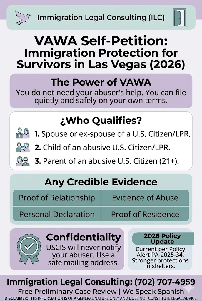 An infographic guide for survivors in Las Vegas on the VAWA self-petition process for 2026, outlining eligibility for spouses, children, and parents of abusive U.S. citizens or LPRs, and emphasizing the confidentiality of the USCIS application process.