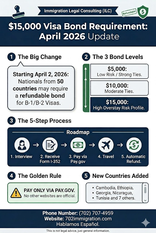 An infographic guide for April 2026 explaining the new $15,000 refundable visa bond requirement for B-1 and B-2 visas, detailing the three risk-based bond levels and the 5-step process for payment via Pay.gov.